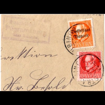 Bayern 1920, Posthilfstelle PILGRAMSBERG Taxe Rattiszell auf Briefstück