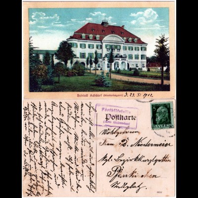 Bayern 1912, Posthilfstelle ADLDORF Taxe Eichendorf auf Farb-AK m. 5 Pf.