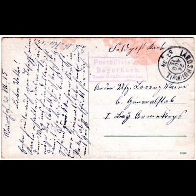 Bayern 1915, Posthilfstelle BAYERBACH Taxe Neufraunhofen auf Feldpostkarte