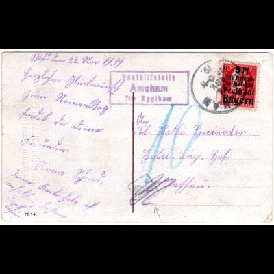Bayern 1919, Posthilfstelle AMSHAM Taxe Egglham u. Portostpl. auf AK m. 10+5 Pf.