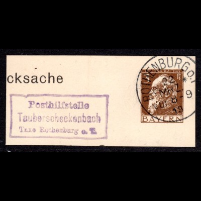 Bayern 1913, Posthilfstelle TAUBERSCHECKENBACH Taxe Rothenburg Ga-Briefstück