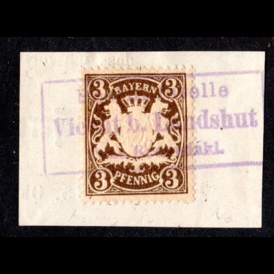 Bayern, Posthilfstelle VIECHT b. LANDSHUT Taxe Kronwinkl in blau auf Briefstück 