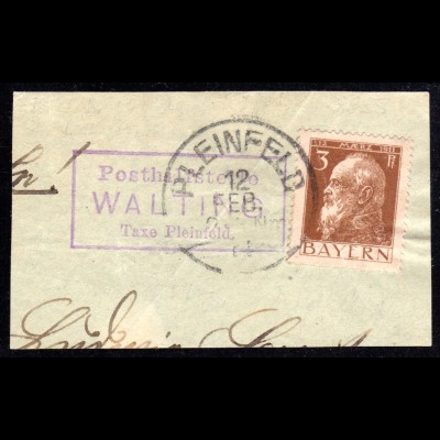 Bayern 1911, Posthilfstelle WALTING Taxe Pleinfeld auf Briefstück m. 3 Pf.