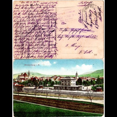 Bayern 1917, Posthilfstelle RAMSBERG Taxe Pleinfeld auf AK Weissenburg Bahnhof