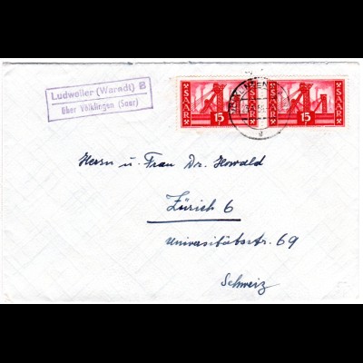 Saarland 1956, Landpost Stpl. LUDWEILER B über Völklingen auf Brief m. MeF 15 F.