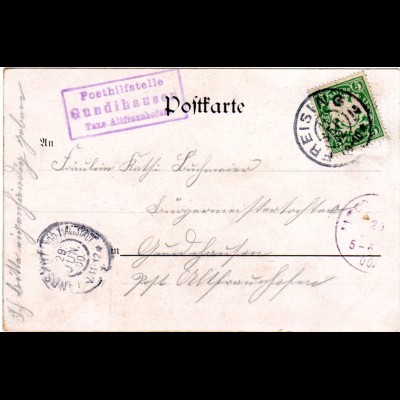 Bayern 1900, Posthilfstelle GUNDIHAUSEN Taxe Altfraunhofen auf Karte v. Freising
