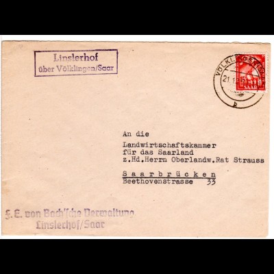 Saarland 1950, Landpost Stpl. LINSLERHOF über Völklingen auf Brief m. 15 F.