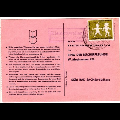 Saarland 1958, Landpost Stpl. KLEINOTTWEILER über Bexbach auf Karte m. 12 F.