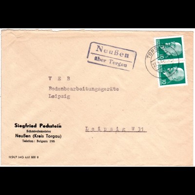 DDR 1963, Landpost Stpl. NEUSSEN über Torgau auf Firmen Brief m. Paar 10 Pf.