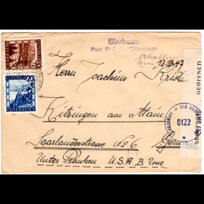 Österreich 1947, 20+80 G. auf Brief m. L2 BIERBAUM Post St. Peter/Ottersbach