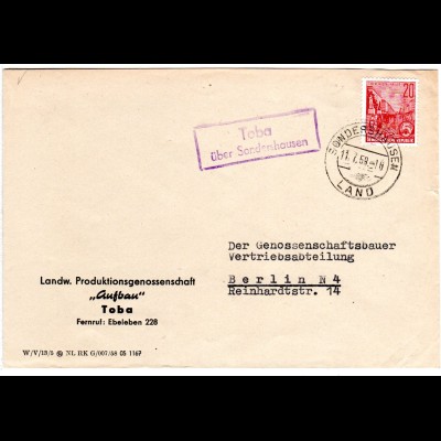 DDR 1959, Landpost Stpl. TOBA über Sondershausen auf LPG Brief m. 20 Pf.