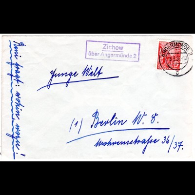 DDR 1956, Landpost Stpl. ZICHOW über Angermünde auf Brief m. 20 Pf.