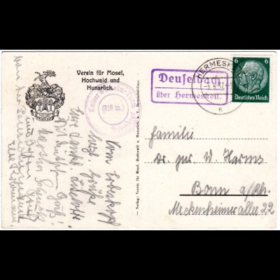 DR 1937, Landpost Stpl. DEUSELBACH über Hermeskeil auf Karte m. 6 Pf.