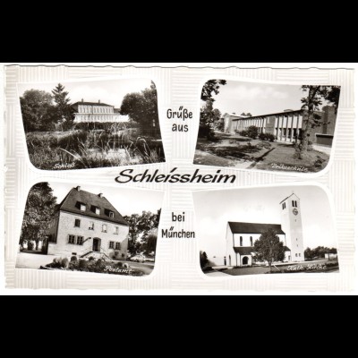 Schleissheim bei München m. Postamt, Volksschule usw., ungebr. Mehrbild sw-AK