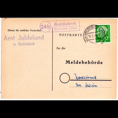 BRD 1956, Landpoststpl. 24b GOLDEBEK über Bredstedt auf Karte m. 10 Pf. 