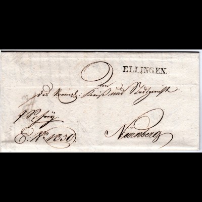 Bayern 1827, L1 ELLINGEN klar auf schönem Franko Brief n. Nürnberg.