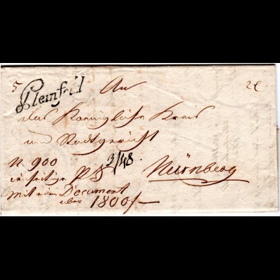 Bayern 1829, Schreibschrift-L1 PLEINFELD auf Brief n. Nürnberg