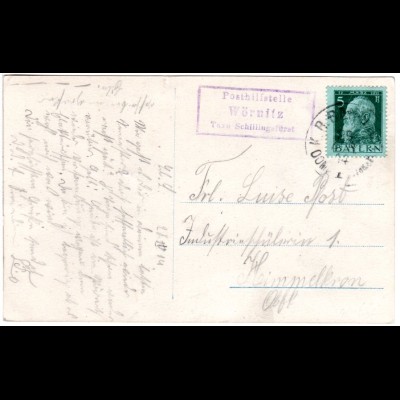 Bayern 1914, Posthilfstelle WÖRNITZ Taxe Schillingsfürst auf Karte m. 5 Pf.