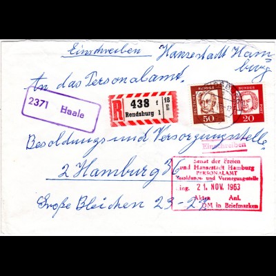 BRD 1963, Landpost Stpl. 2371 HAALE auf Einschreiben Brief m. 20+70 Pf