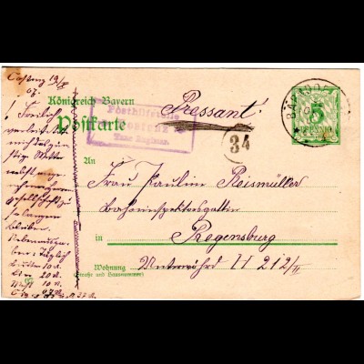 Bayern 1907, Posthilfstelle KOSTENZ Taxe Englmar auf Ganzsache m. K1 Bärndorf