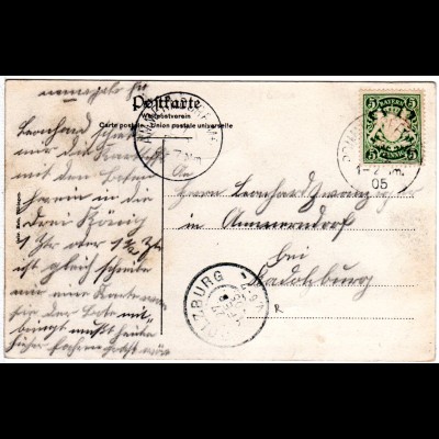 Bayern 1905, Reservestempel CADOLZBURG R als Ank.Stpl. auf AK v. Pommersfelden