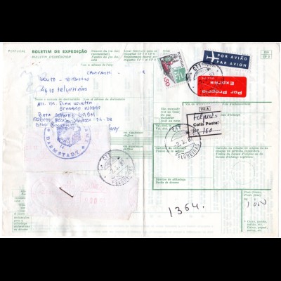 Portugal 1987, $50+2 Freistempeletiketten auf Express Paketkarte v. Felgueras