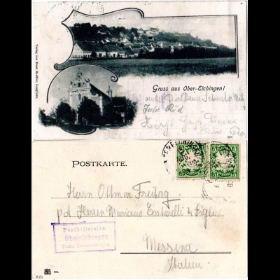 Bayern 1904, Posthilfstelle OBERELCHINGEN Taxe Unterelchingen auf AK m. 2x5 Pf.