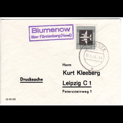 DDR 1964, Landpost Stpl. Blumenow über Fürstenberg auf Ducksache Brief m. 5 Pf.