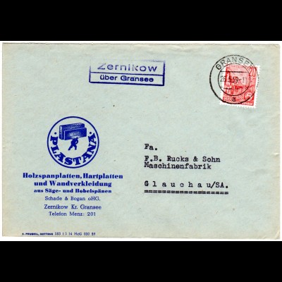 DDR 1959, Landpost Stpl. ZERNIKOW über Gransee auf Firmen Brief m. 20 Pf. 