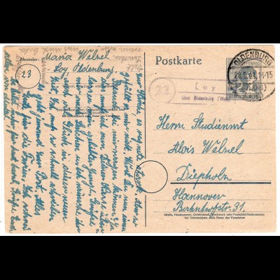 1948, Landpost Stpl. 23 LOY über Oldenburg auf 12 Pf. Ganzsache
