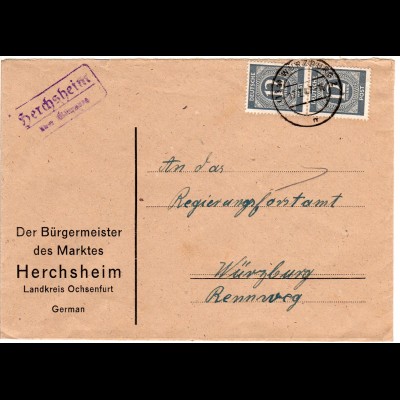 1947, Landpost Stpl. HERCHSHEIM über Würzburg auf Bürgermeister Brief m. 2x12 Pf