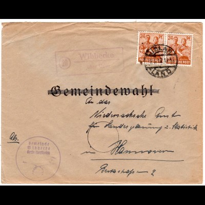 DR 1947, Landpost Stpl. 20 WIBBECKE über Uslar auf Gemeinde Brief m. 2x24 Pf
