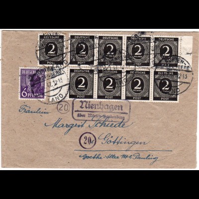 1947, Landpost Stpl. NIENHAGEN über Nörten-Hardenberg auf Brief m. 10 Marken
