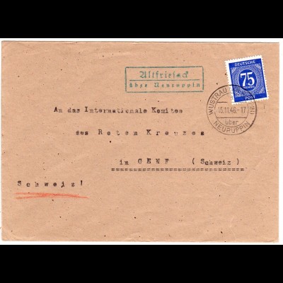 1946, Landpost Stpl. ALTFRIESACK über Neuruppin auf Brief i.d. Schweiz m. 75 Pf.