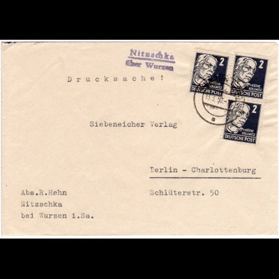DDR 1950, Landpost Stpl. NITZSCHKA über Wurzen auf Drucksache Brief m. 3x2 Pf.