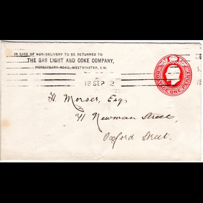 GB 1912, 1d stationery envelope The Gas Light And Coke Company, used in London
