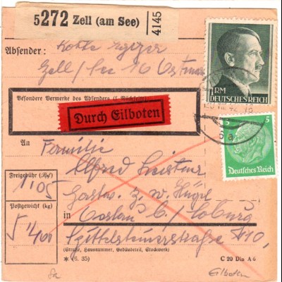 DR 1942, 5 Pf.+1 Mk. auf Ostmark Eilboten Paketkarte v. Zell am See