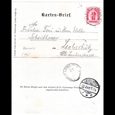Österreich 1893, K1 MARKT ROSSWALD auf 5 Kr. Kartenbrief Ganzsache