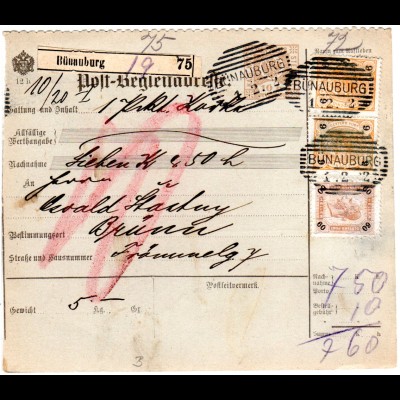 Österreich 1902, 60+2x6 H. auf Nachnahme Paketkarte m. Stpl. BÜNAUBURG