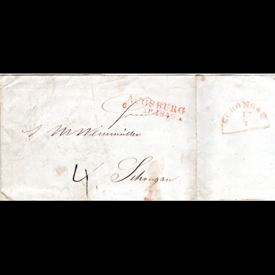 Bayern 1846, L2 Augsburg auf Porto Brief m. rücks. rotem HKS SCHONGAU