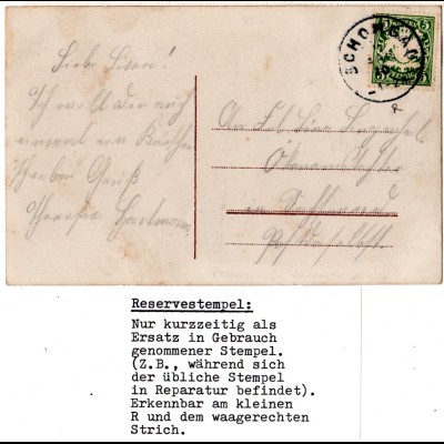 Bayern 1910, K1-Reservestempel SCHONGAU R auf Karte m. 5 Pf.