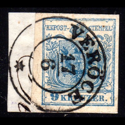 Österreich, breitrandige 9 Kr. auf Briefstück m. klarem Ungarn-K2 VERÖCE