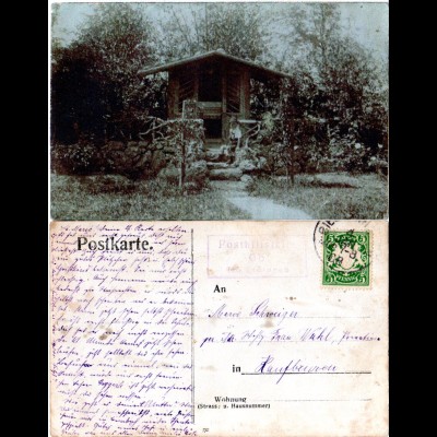 Bayern 1908, Posthilfstelle OB Taxe Bidingen auf sw-Foto AK m. Gartenhaus u Kind