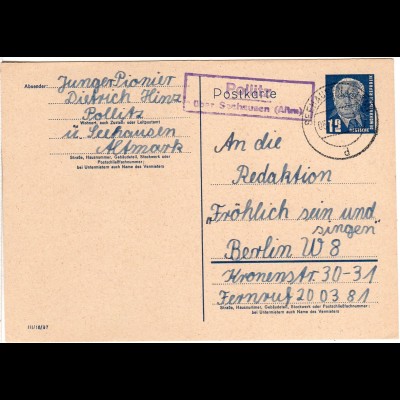 DDR 1955, Landpost Stpl. POLLITZ über Seehausen auf 12 Pf. Ganzsache.