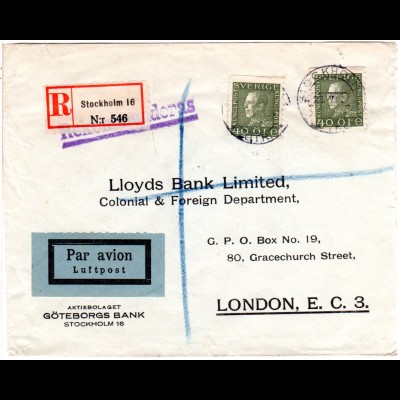 Schweden 1931, MeF 2x40 öre auf Luftpost Einschreiben Brief n. GB