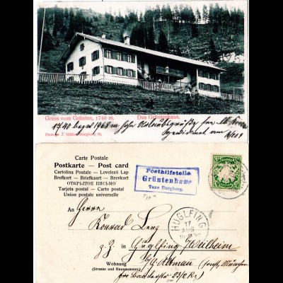 Bayern 1904, Posthilfstelle GRÜNTENHAUS Taxe Burgberg auf entspr. AK m. 5 Pf.