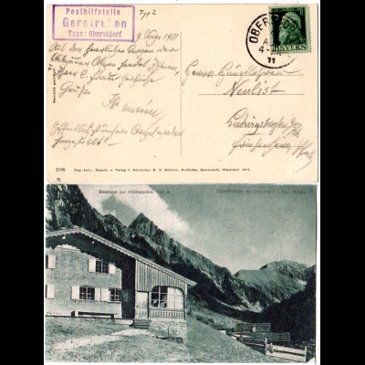 Bayern 1911, Posthilfstelle GERSTRUBEN Taxe Oberstdorf auf sw-AK m. 5 Pf.