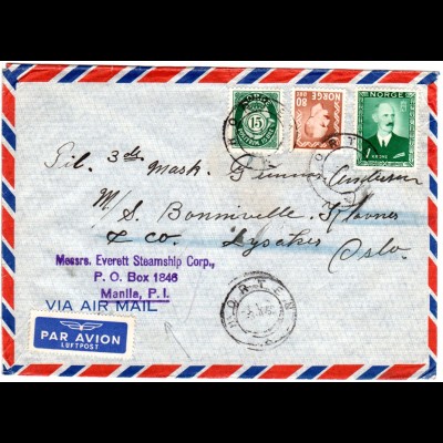 Norwegen 1952, Nachsende Luftpost Brief v. Horten n. Manila, Philippinen. 