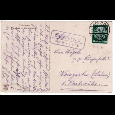DR 1934, Landpost Stpl. SCHÖNBRONN über Nagold auf Karte m. 6 Pf. 