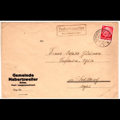 DR 1937, Landpost Stpl. HABERTSWEILER über Schwabmünchen auf Gemeinde Brief